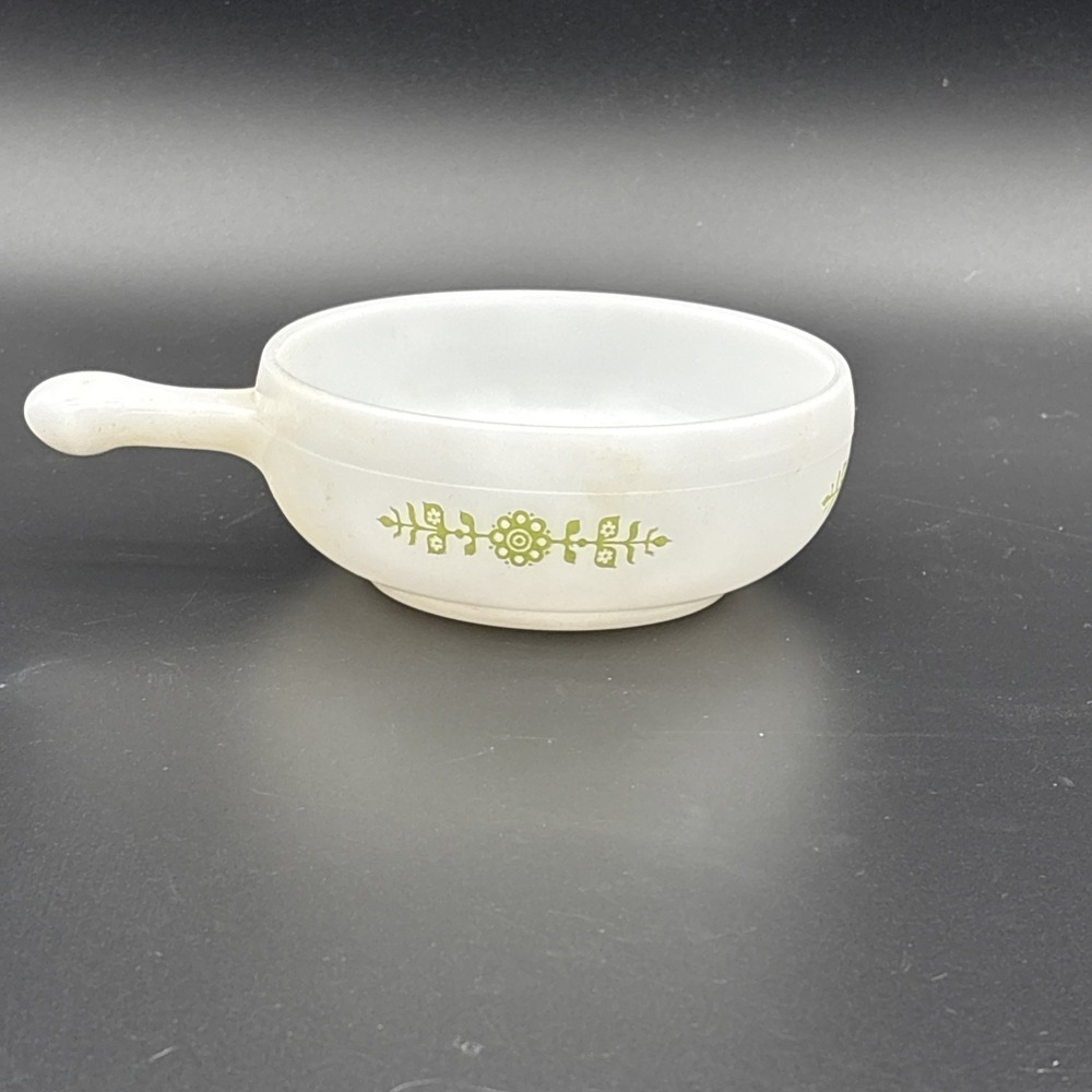 Vintage Glasbake Milk Glass Handled Soup Bowl Green Daisy Floral J-2639 MCM USA